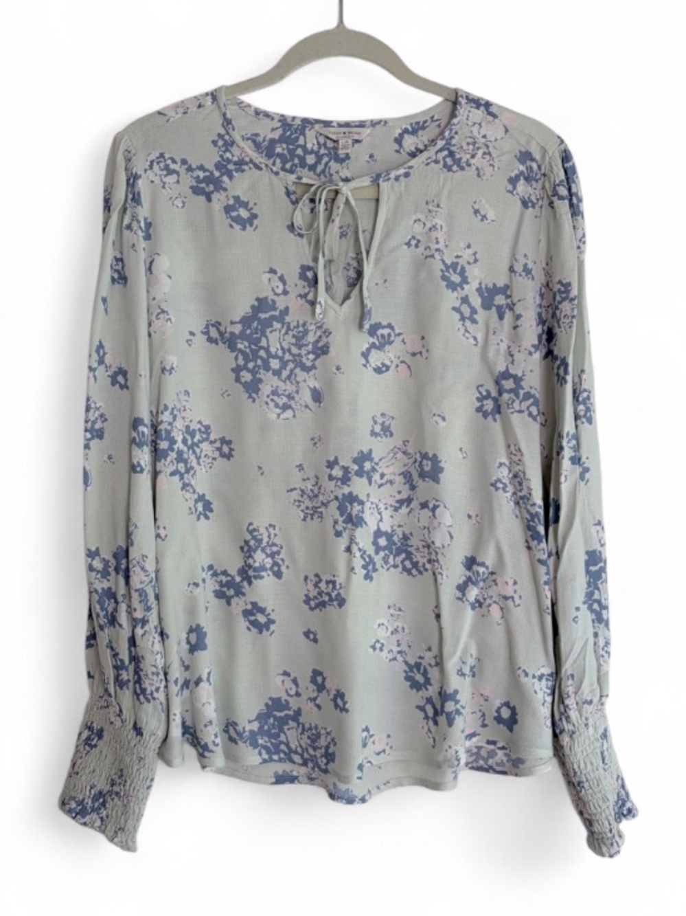 Lucky Brand Pale Green Floral Tie Neck Long Sleeve Blouse Size L
